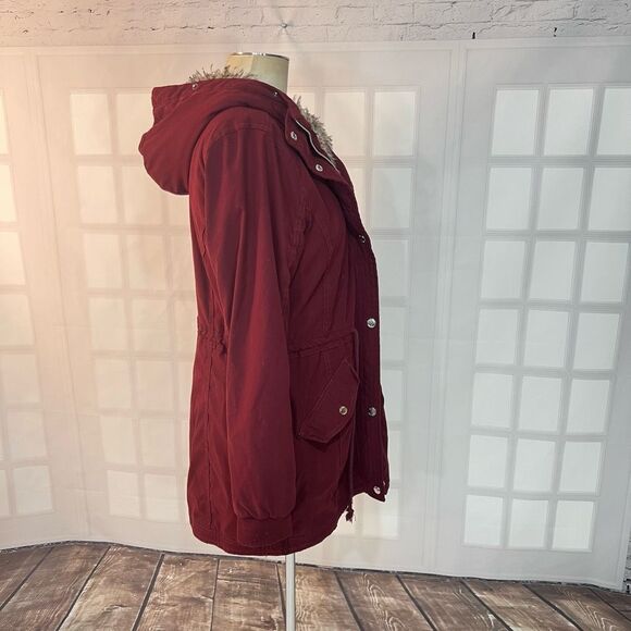 Hollister Maroon Fur Lined Zip-Up Snap Stretch Parka Jacket Size Large - Picture 4 of 9